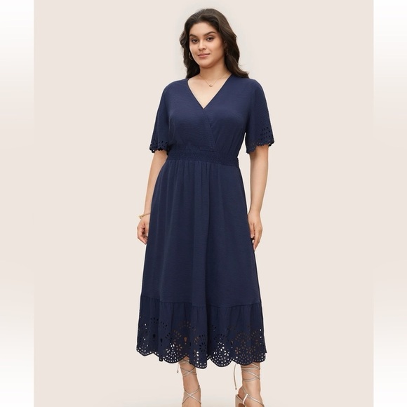 BloomChic Solid Laser Cut Shirred Pocket Wrap Scalloped Trim Flutter Dress - Picture 2 of 7